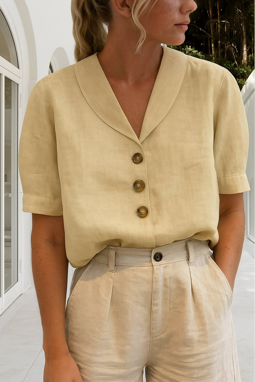 Effortless Linen Blouse for Women with Notched Collar Short Sleeve Button Front Relaxed Style