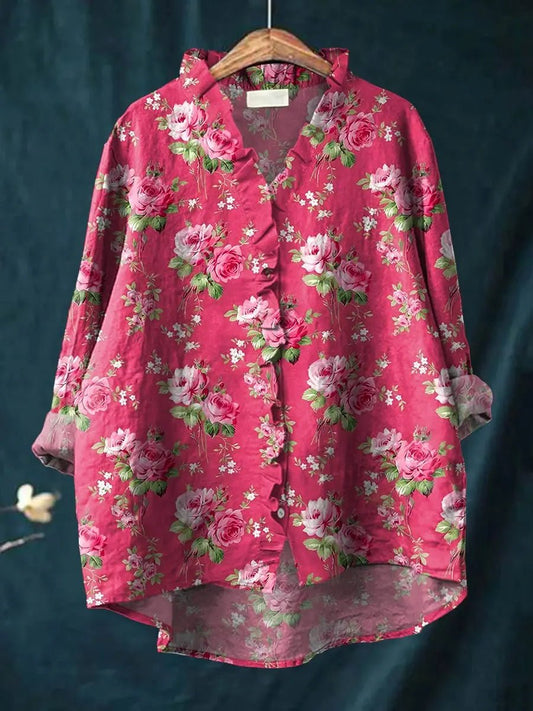 Effortless Pink Floral Blouse for Women with Ruffled V Neck Long Sleeve High Low Hem Relaxed Style