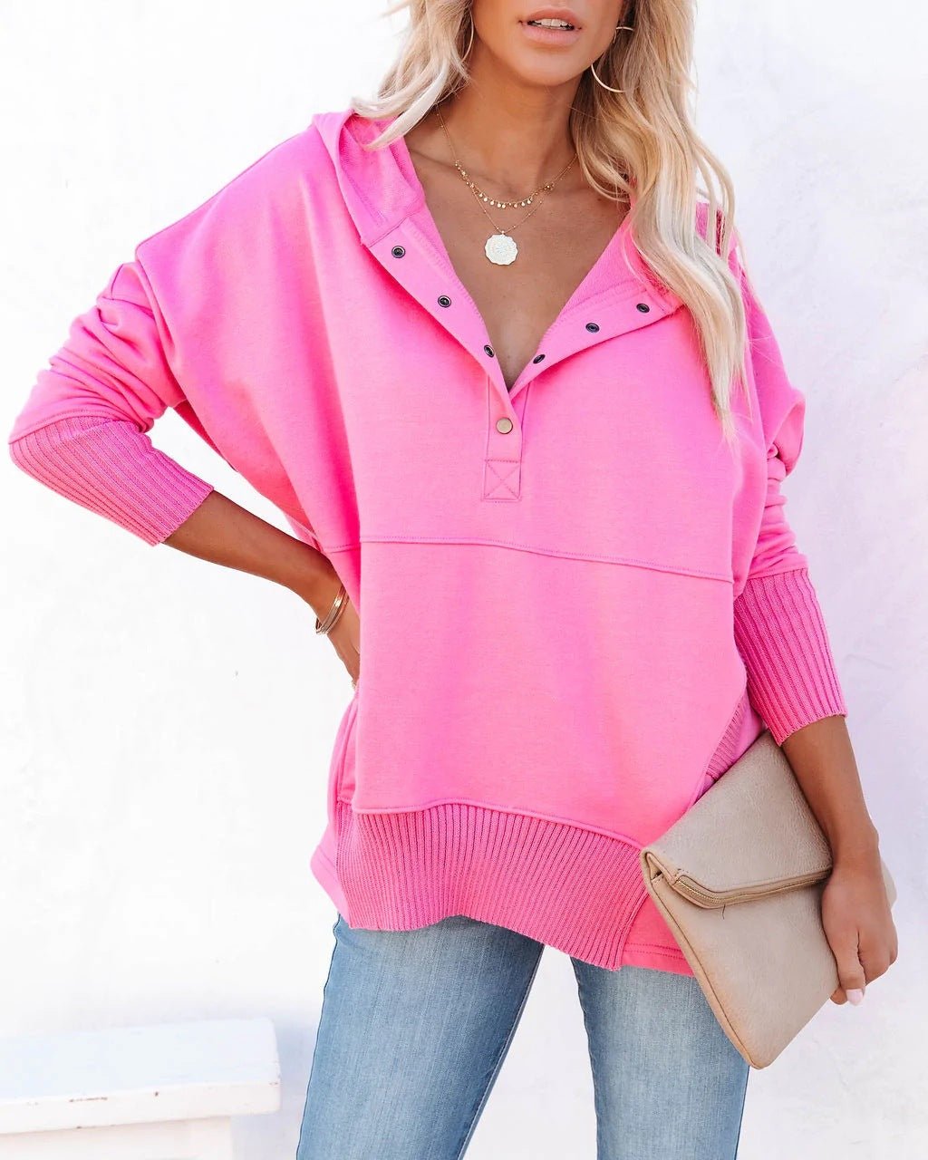 Comfortable Snap Placket Hoodie for Women with Drawstring Hood Long Sleeve Oversized Ribbed Cuff Relaxed Style