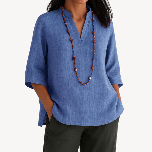 Effortless Linen Tunic for Women with Split V Neck Elbow Sleeve Relaxed Flowing Style