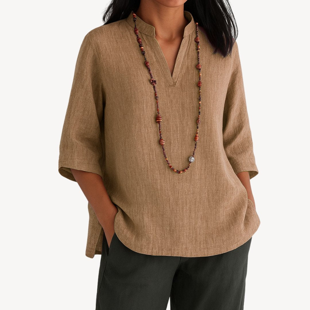 Effortless Linen Tunic for Women with Split V Neck Elbow Sleeve Relaxed Flowing Style
