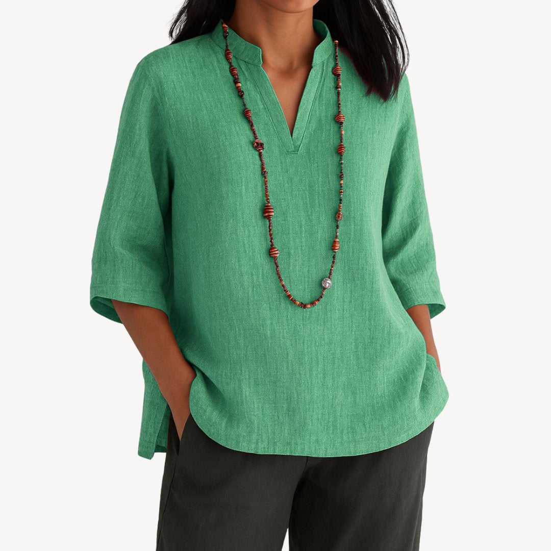 Effortless Linen Tunic for Women with Split V Neck Elbow Sleeve Relaxed Flowing Style