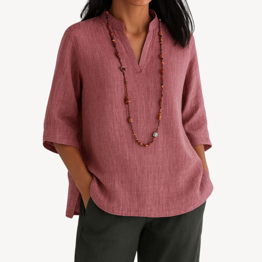 Effortless Linen Tunic for Women with Split V Neck Elbow Sleeve Relaxed Flowing Style
