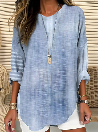 Effortless Striped Tunic Blouse for Women with Round Neck Bell Sleeve Curved Hem Relaxed Style