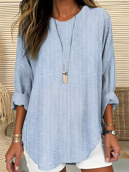 Effortless Striped Tunic Blouse for Women with Round Neck Bell Sleeve Curved Hem Relaxed Style