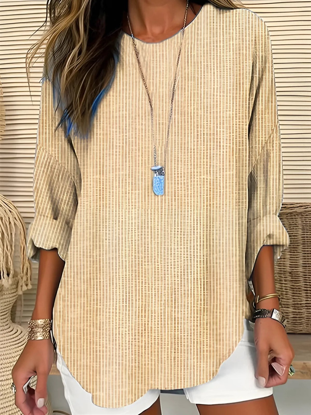 Effortless Striped Tunic Blouse for Women with Round Neck Bell Sleeve Curved Hem Relaxed Style