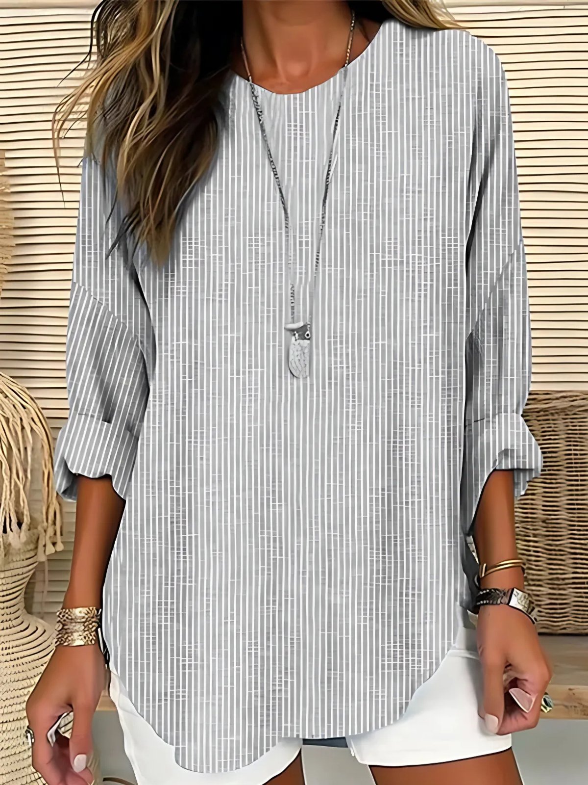 Effortless Striped Tunic Blouse for Women with Round Neck Bell Sleeve Curved Hem Relaxed Style