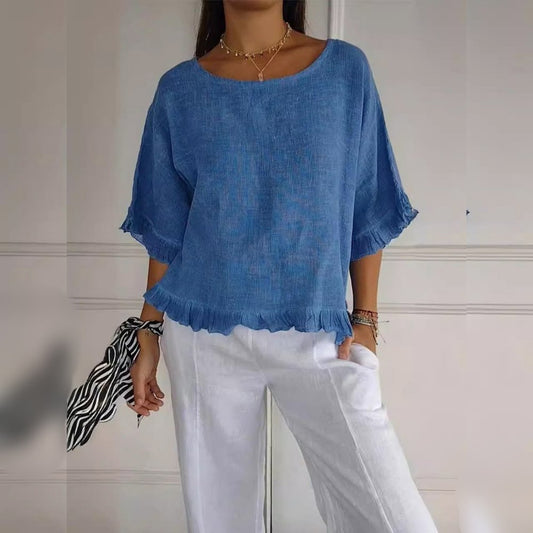 Effortless Linen Blouse for Women with Scoop Neck Elbow Sleeve Ruffled Relaxed Style