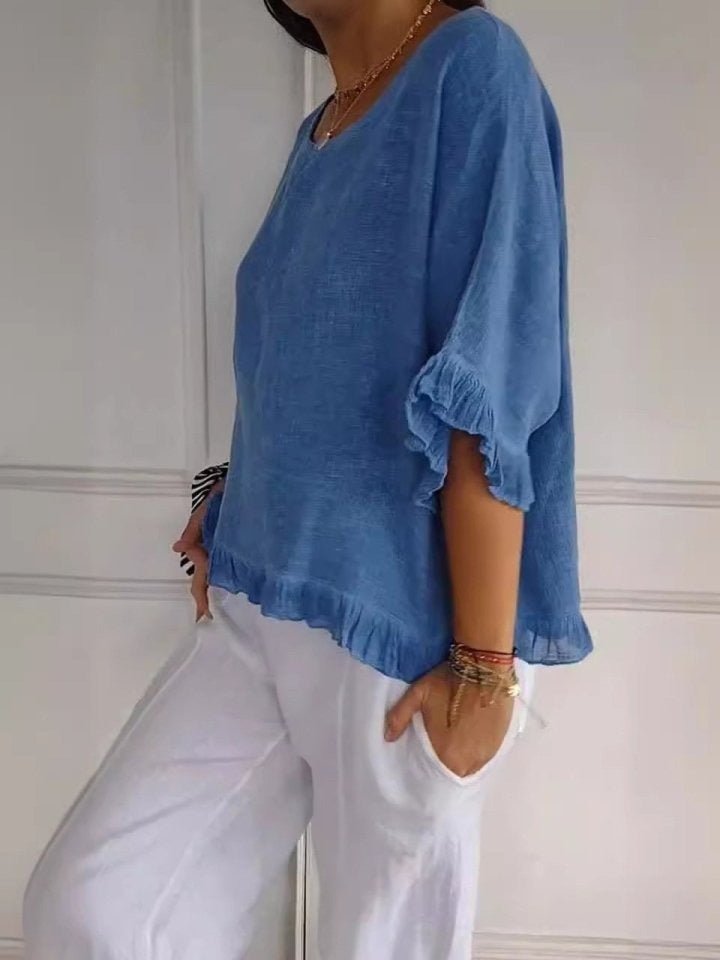 Effortless Linen Blouse for Women with Scoop Neck Elbow Sleeve Ruffled Relaxed Style