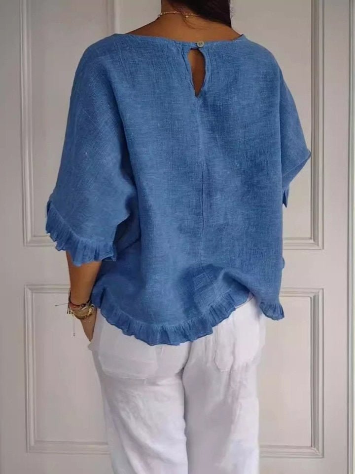 Effortless Linen Blouse for Women with Scoop Neck Elbow Sleeve Ruffled Relaxed Style