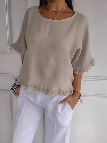 Effortless Linen Blouse for Women with Scoop Neck Elbow Sleeve Ruffled Relaxed Style