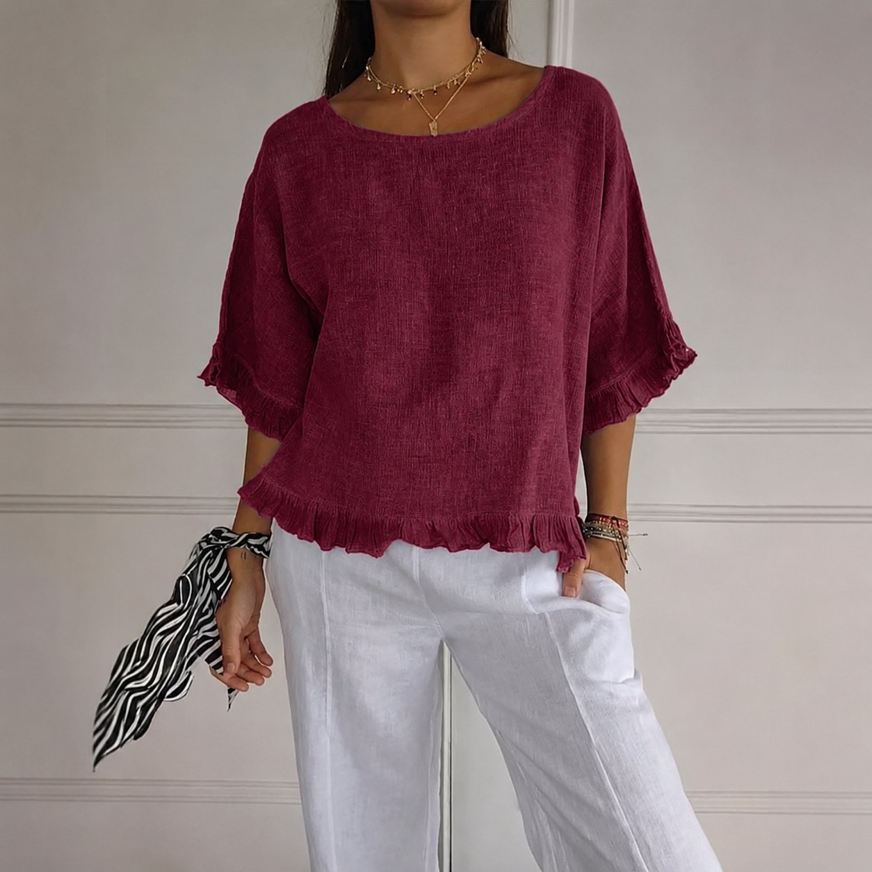 Effortless Linen Blouse for Women with Scoop Neck Elbow Sleeve Ruffled Relaxed Style