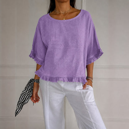 Effortless Linen Blouse for Women with Scoop Neck Elbow Sleeve Ruffled Relaxed Style