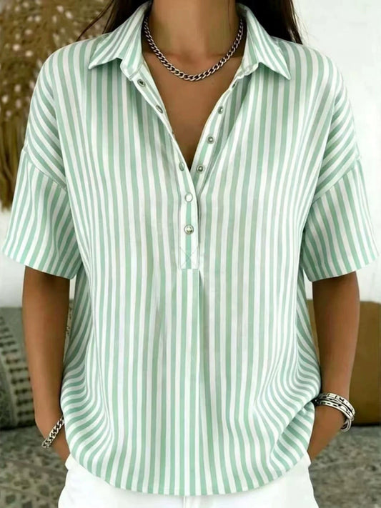 Effortless Striped Blouse for Women with Collar Short Sleeve Button Front Relaxed Casual Style