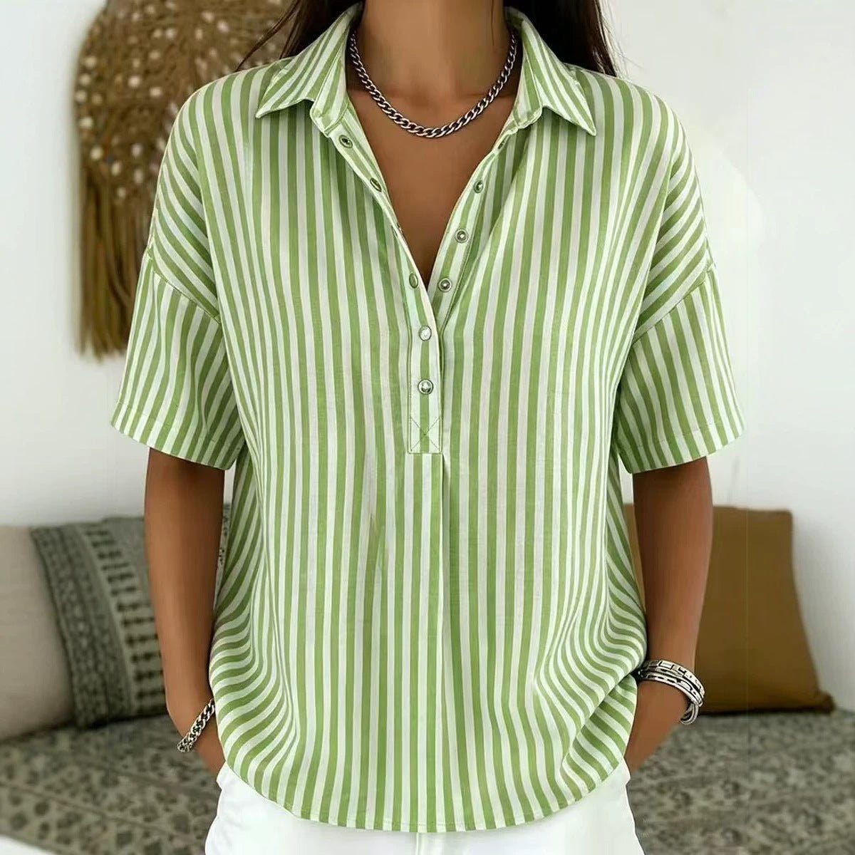 Effortless Striped Blouse for Women with Collar Short Sleeve Button Front Relaxed Casual Style