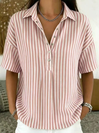 Effortless Striped Blouse for Women with Collar Short Sleeve Button Front Relaxed Casual Style