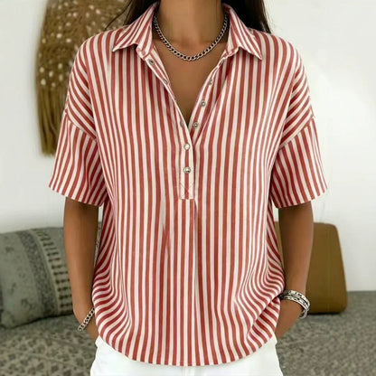 Effortless Striped Blouse for Women with Collar Short Sleeve Button Front Relaxed Casual Style