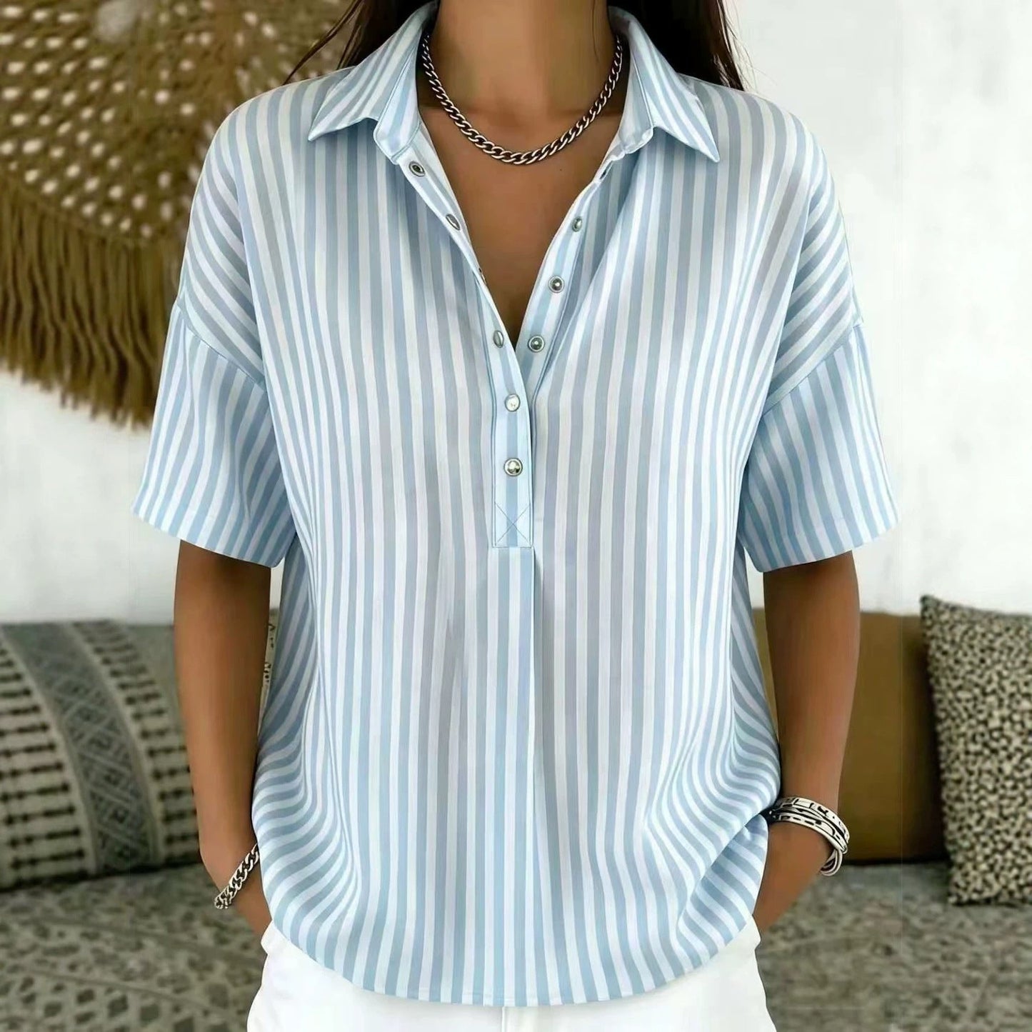 Effortless Striped Blouse for Women with Collar Short Sleeve Button Front Relaxed Casual Style