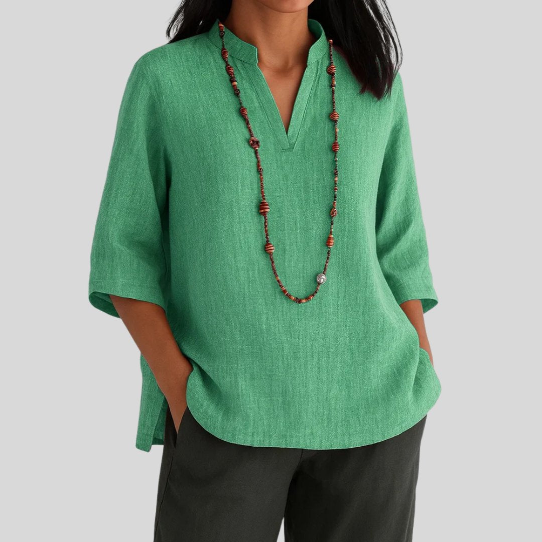 Effortless Linen Tunic Blouse for Women with Mandarin Collar Elbow Sleeve Relaxed Side Slit Casual Style