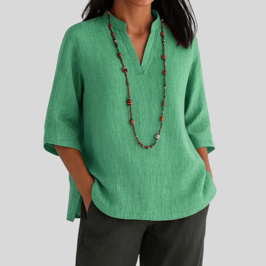 Effortless Linen Tunic Blouse for Women with Mandarin Collar Elbow Sleeve Relaxed Side Slit Casual Style