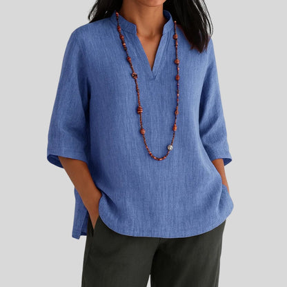 Effortless Linen Tunic Blouse for Women with Mandarin Collar Elbow Sleeve Relaxed Side Slit Casual Style
