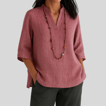 Effortless Linen Tunic Blouse for Women with Mandarin Collar Elbow Sleeve Relaxed Side Slit Casual Style