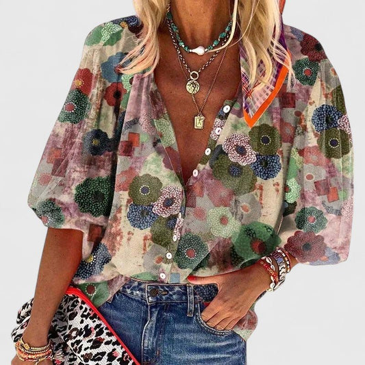 Effortless Green Floral Blouse for Women with V Neck Bell Sleeve Button Front Bohemian Style