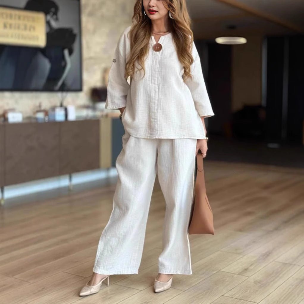 Effortless Linen Wide Leg Set for Women with V Neck Elbow Sleeve Button Front Two Piece Style
