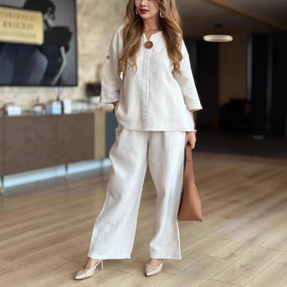 Effortless Linen Wide Leg Set for Women with V Neck Elbow Sleeve Button Front Two Piece Style