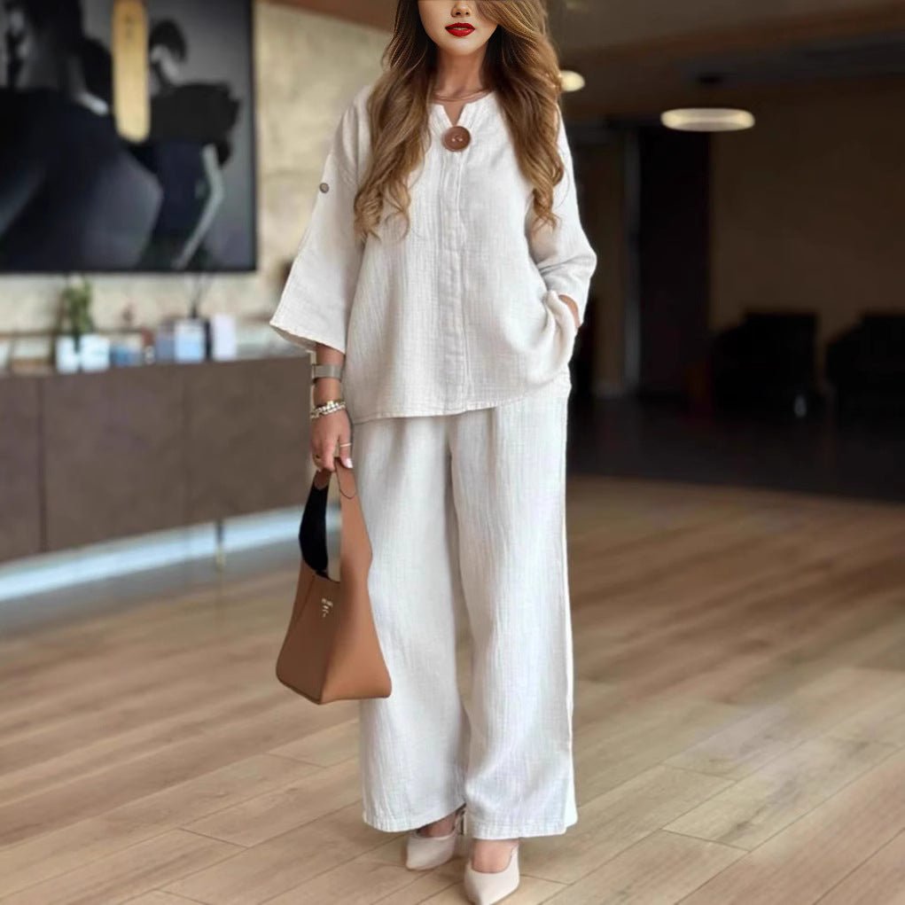 Effortless Linen Wide Leg Set for Women with V Neck Elbow Sleeve Button Front Two Piece Style