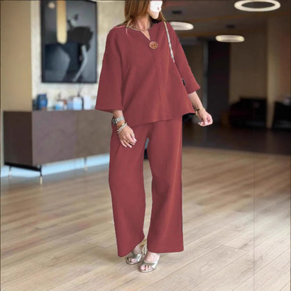 Effortless Linen Wide Leg Set for Women with V Neck Elbow Sleeve Button Front Two Piece Style