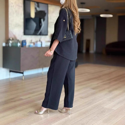 Effortless Linen Wide Leg Set for Women with V Neck Elbow Sleeve Button Front Two Piece Style