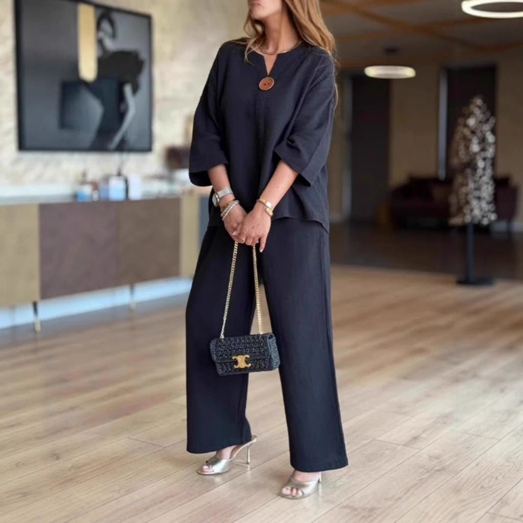 Effortless Linen Wide Leg Set for Women with V Neck Elbow Sleeve Button Front Two Piece Style