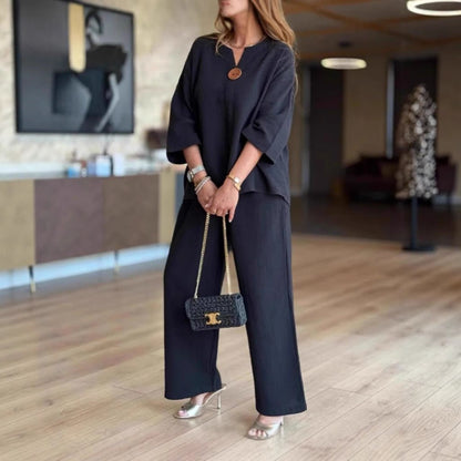 Effortless Linen Wide Leg Set for Women with V Neck Elbow Sleeve Button Front Two Piece Style