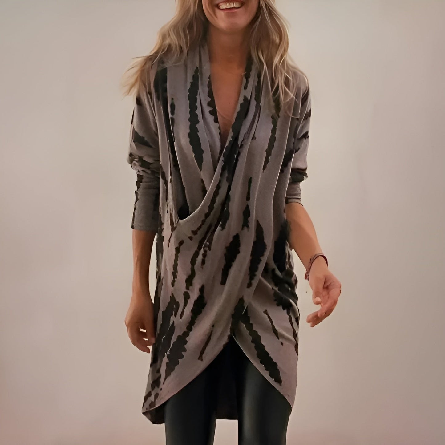 Effortless Gray Tie Dye Wrap Cardigan for Women with Deep V Neck Long Sleeve Draped Asymmetrical Bohemian Style