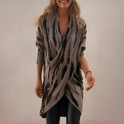 Effortless Gray Tie Dye Wrap Cardigan for Women with Deep V Neck Long Sleeve Draped Asymmetrical Bohemian Style