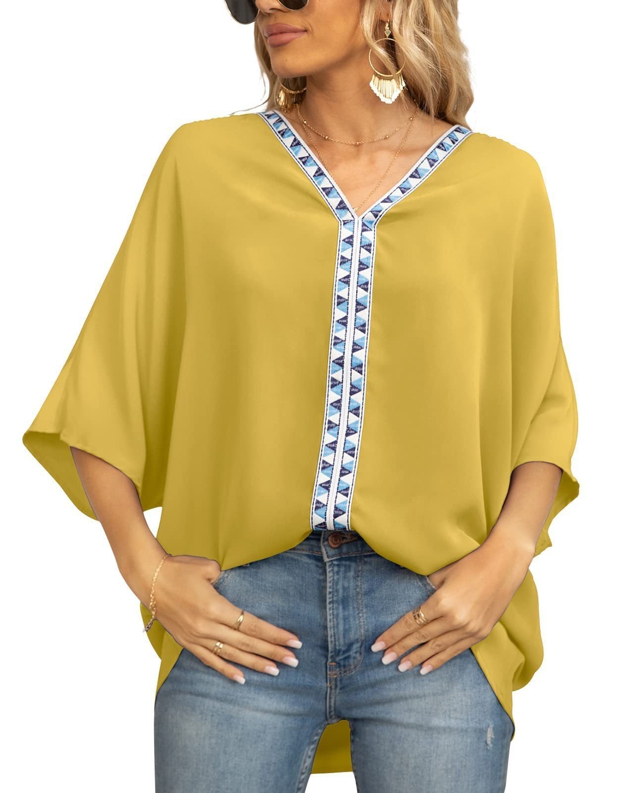 Effortless Embroidered Trim Blouse for Women with V Neck Batwing Sleeve High Low Hem Bohemian Style