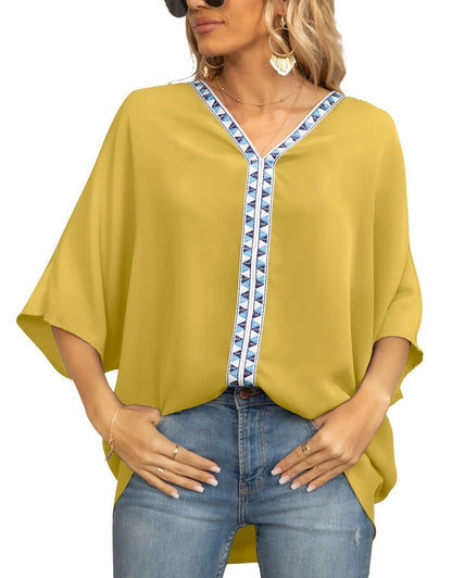 Effortless Embroidered Trim Blouse for Women with V Neck Batwing Sleeve High Low Hem Bohemian Style