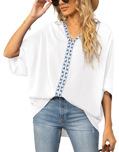 Effortless Embroidered Trim Blouse for Women with V Neck Batwing Sleeve High Low Hem Bohemian Style