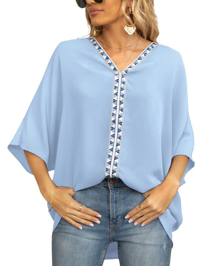 Effortless Embroidered Trim Blouse for Women with V Neck Batwing Sleeve High Low Hem Bohemian Style