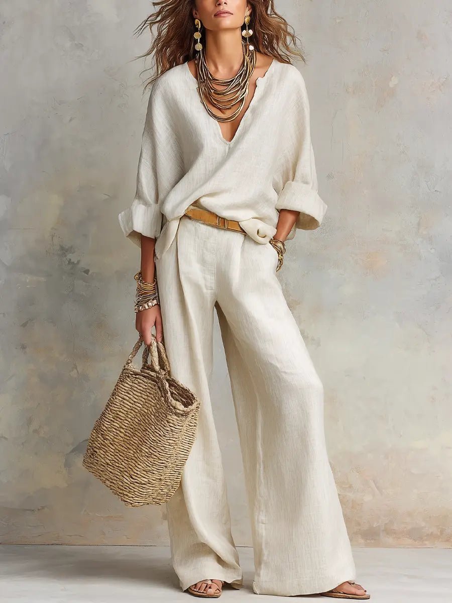Effortless Linen Wide Leg Set for Women with V Neck Wrap Front Long Sleeve Relaxed Two Piece Style