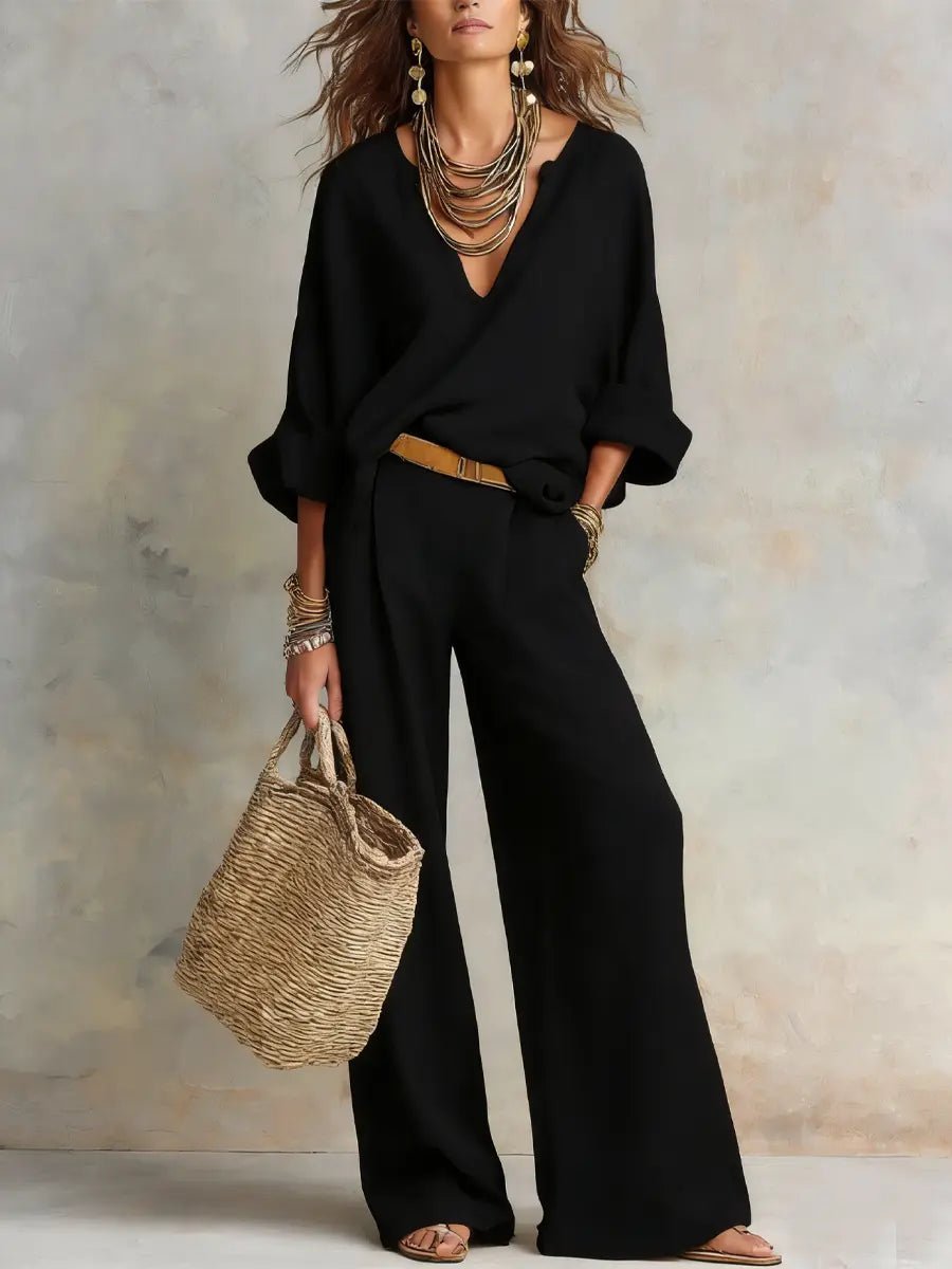 Effortless Linen Wide Leg Set for Women with V Neck Wrap Front Long Sleeve Relaxed Two Piece Style