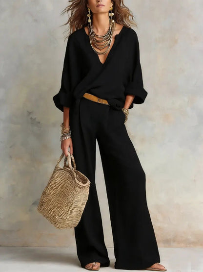Effortless Linen Wide Leg Set for Women with V Neck Wrap Front Long Sleeve Relaxed Two Piece Style