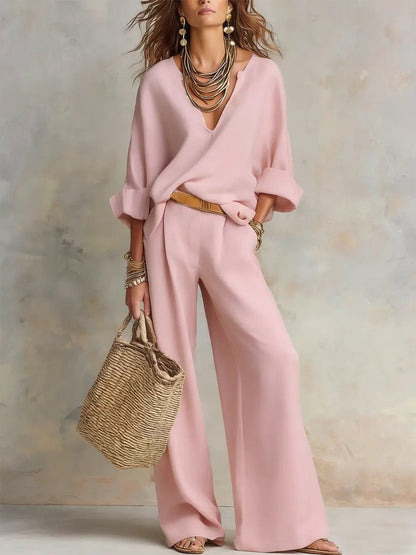 Effortless Linen Wide Leg Set for Women with V Neck Wrap Front Long Sleeve Relaxed Two Piece Style