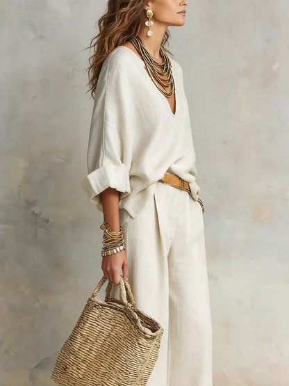 Effortless Linen Wide Leg Set for Women with V Neck Wrap Front Long Sleeve Relaxed Two Piece Style