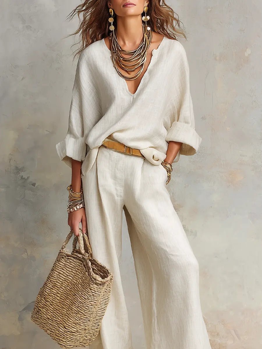 Effortless Linen Wide Leg Set for Women with V Neck Wrap Front Long Sleeve Relaxed Two Piece Style