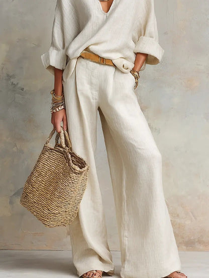 Effortless Linen Wide Leg Set for Women with V Neck Wrap Front Long Sleeve Relaxed Two Piece Style