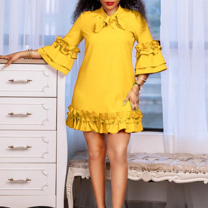 Elegant Bow Tie Mini Dress for Women with Stand Collar Bell Sleeve Tiered Ruffle Hem Cocktail Style