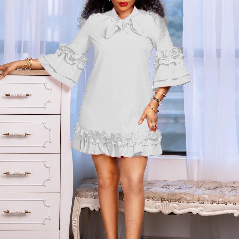Elegant Bow Tie Mini Dress for Women with Stand Collar Bell Sleeve Tiered Ruffle Hem Cocktail Style