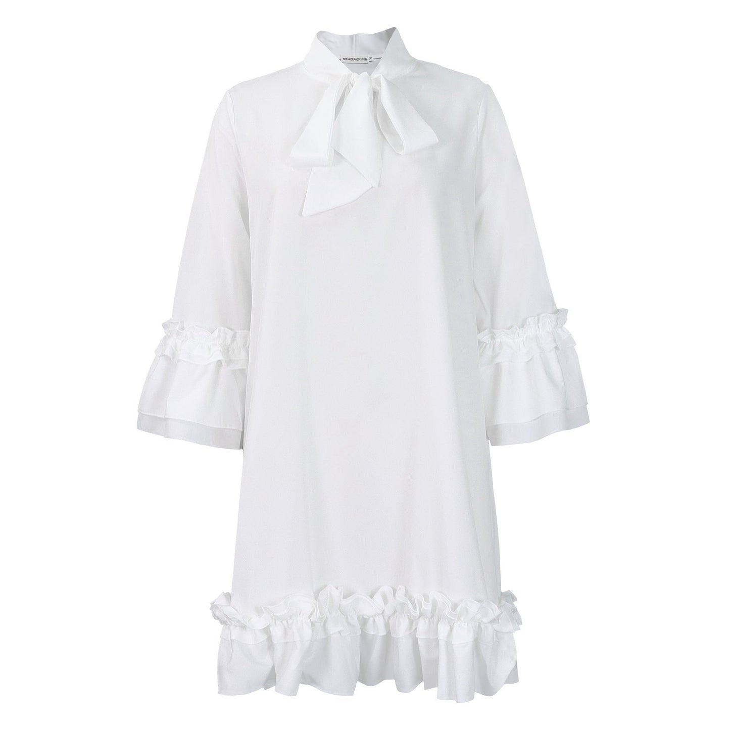 Elegant Bow Tie Mini Dress for Women with Stand Collar Bell Sleeve Tiered Ruffle Hem Cocktail Style